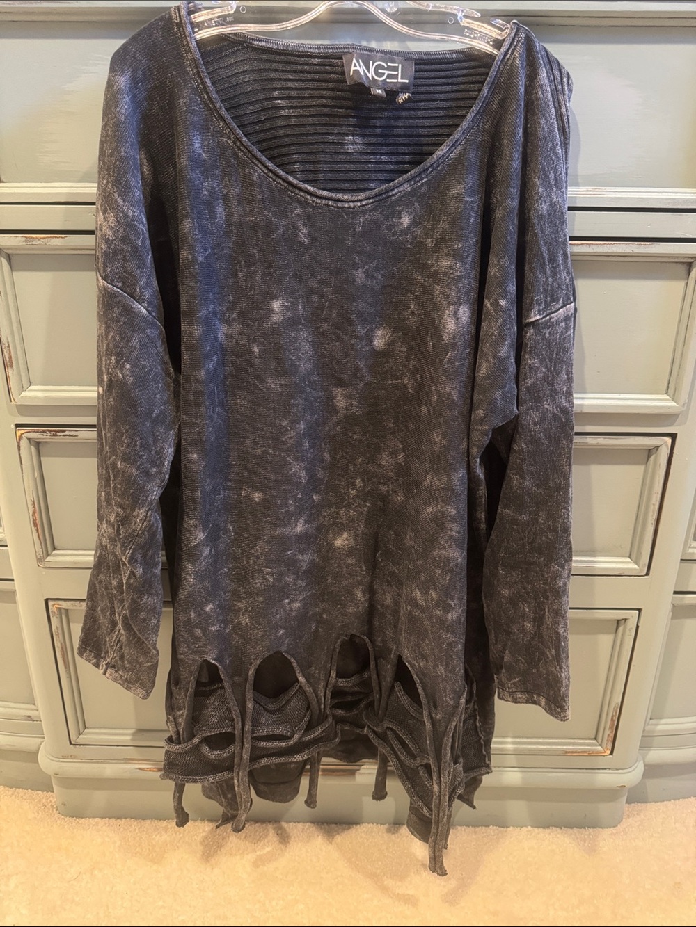 Angel Washed Black Long Sleeve Fringe Hem Sweater